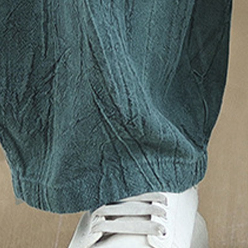 Pantalon pour femme en coton et lin avec poches et ceinture élastique à motif froissé de couleur unie Buddha Stones