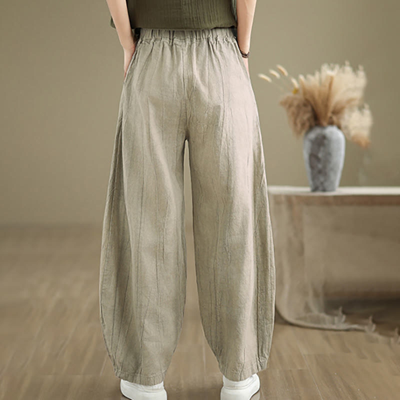 Pantalon pour femme en coton et lin avec poches et ceinture élastique à motif froissé de couleur unie Buddha Stones
