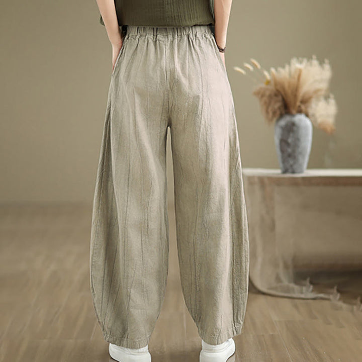 Pantalon pour femme en coton et lin avec poches et ceinture élastique à motif froissé de couleur unie Buddha Stones