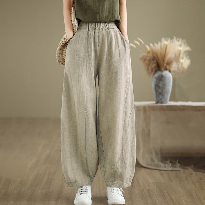 Pantalon pour femme en coton et lin avec poches et ceinture élastique à motif froissé de couleur unie Buddha Stones