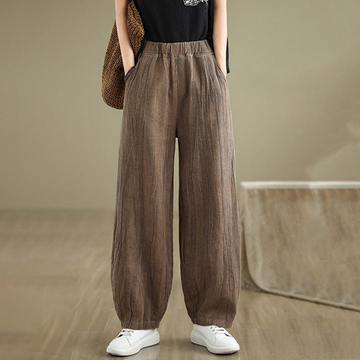 Pantalon pour femme en coton et lin avec poches et ceinture élastique à motif froissé de couleur unie Buddha Stones