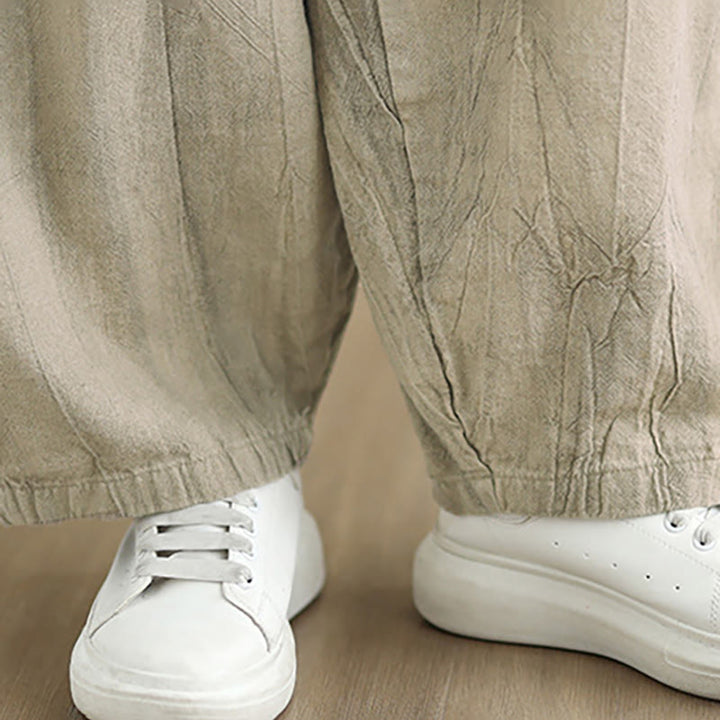 Pantalon pour femme en coton et lin avec poches et ceinture élastique à motif froissé de couleur unie Buddha Stones