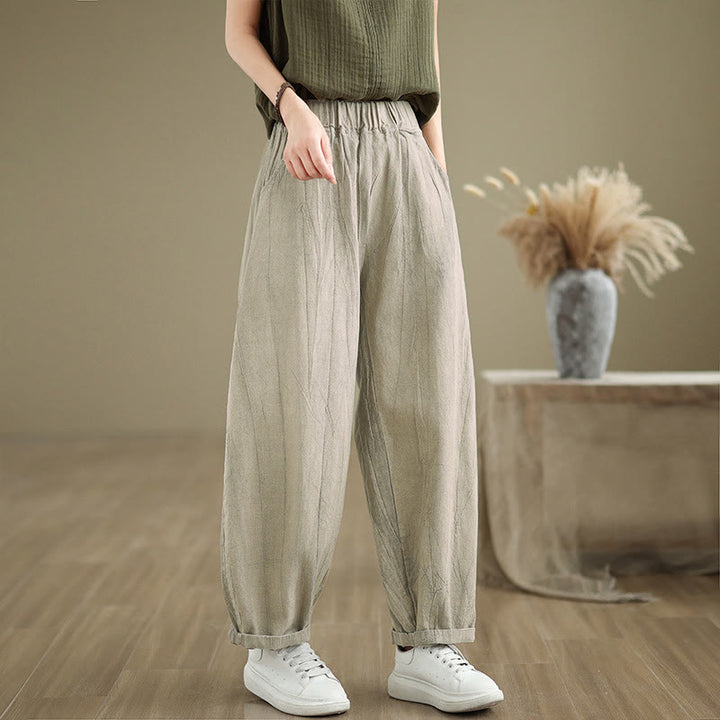 Pantalon pour femme en coton et lin avec poches et ceinture élastique à motif froissé de couleur unie Buddha Stones
