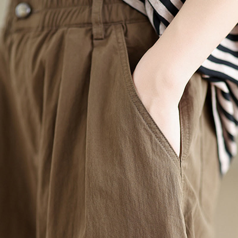 Pantalon décontracté en coton et lin pour femme avec poches et un bouton sur le dessus , couleur unie