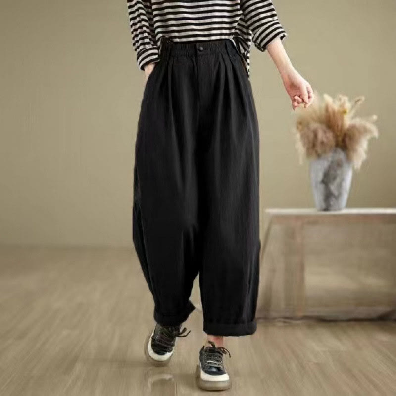Pantalon décontracté en coton et lin pour femme avec poches et un bouton sur le dessus , couleur unie