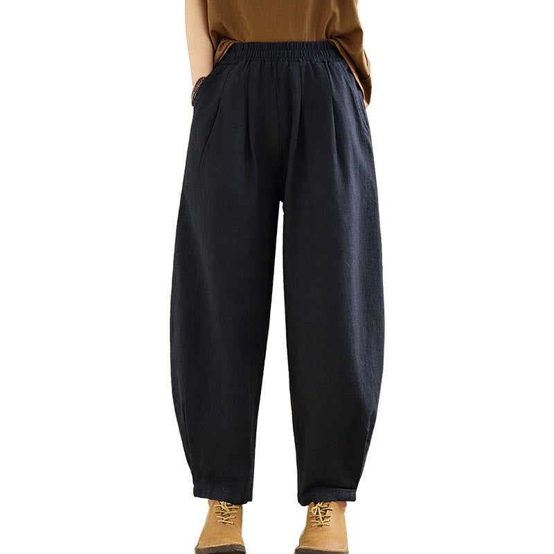 Pantalon décontracté en coton et lin pour femme avec poches et taille élastique fuselée de couleur unie Buddha Stones