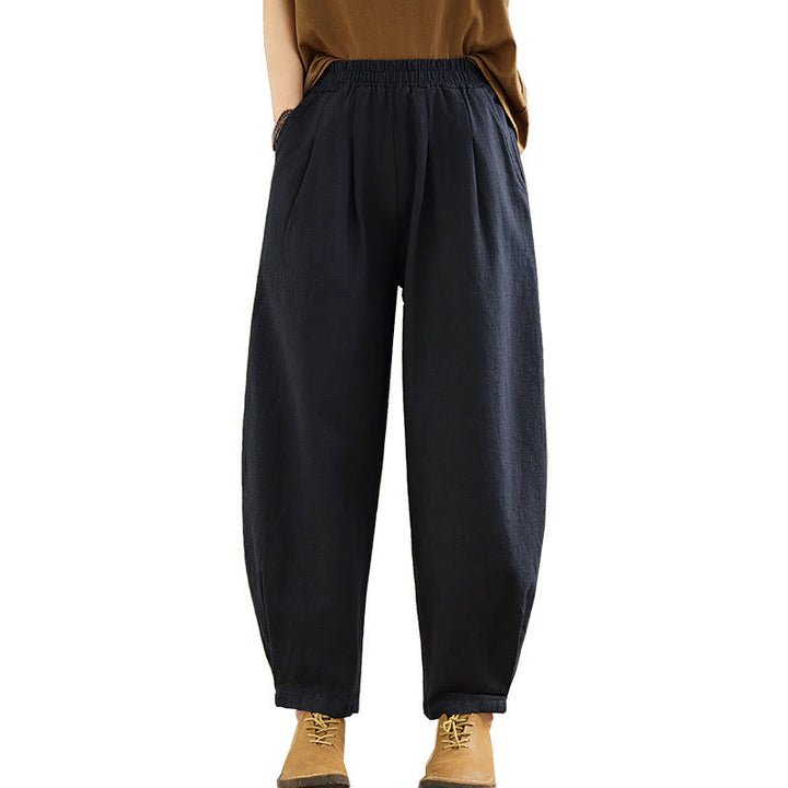 Pantalon décontracté en coton et lin pour femme avec poches et taille élastique fuselée de couleur unie Buddha Stones