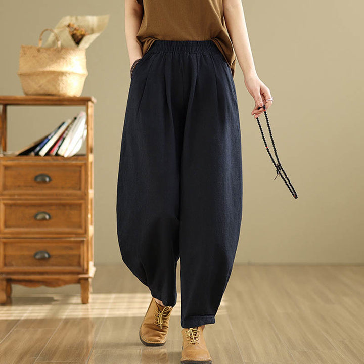 Pantalon décontracté en coton et lin pour femme avec poches et taille élastique fuselée de couleur unie Buddha Stones