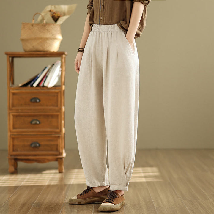 Pantalon décontracté en coton et lin pour femme avec poches et taille élastique fuselée de couleur unie Buddha Stones