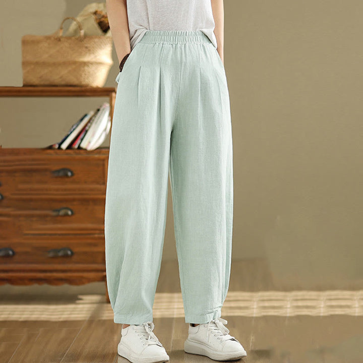 Pantalon décontracté en coton et lin pour femme avec poches et taille élastique fuselée de couleur unie Buddha Stones