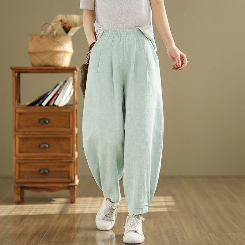 Pantalon décontracté en coton et lin pour femme avec poches et taille élastique fuselée de couleur unie Buddha Stones