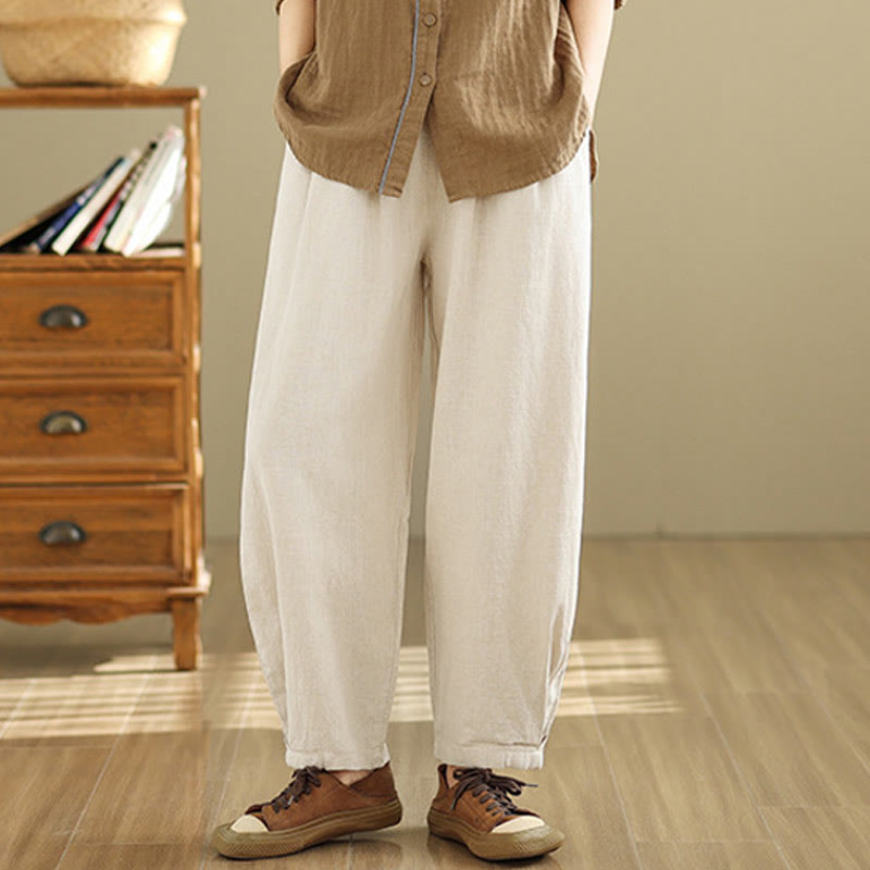 Pantalon décontracté en coton et lin pour femme avec poches et taille élastique fuselée de couleur unie Buddha Stones