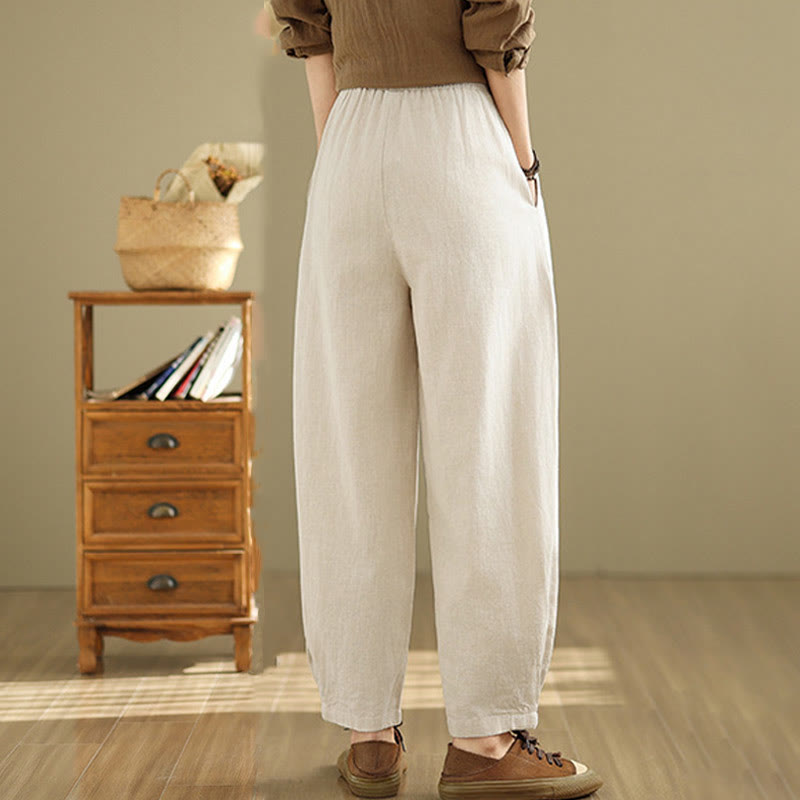 Pantalon décontracté en coton et lin pour femme avec poches et taille élastique fuselée de couleur unie Buddha Stones