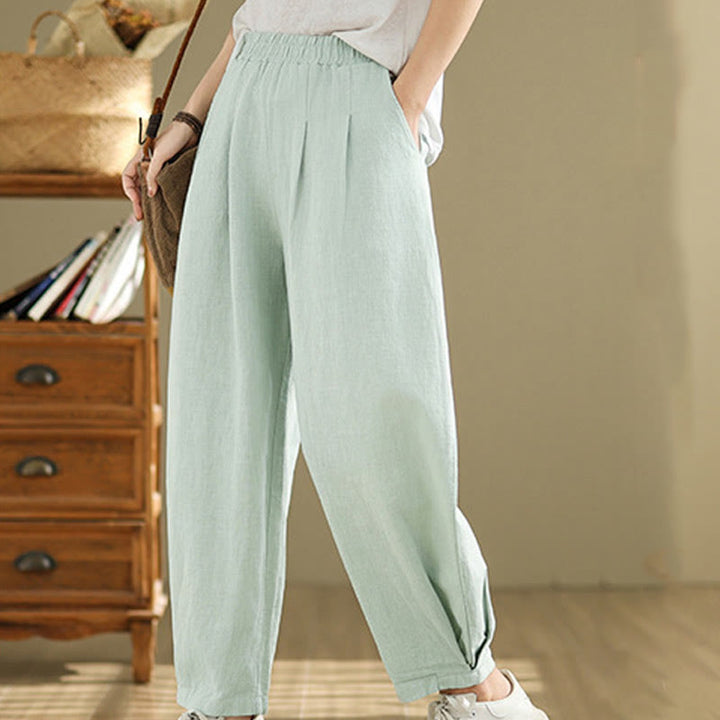 Pantalon décontracté en coton et lin pour femme avec poches et taille élastique fuselée de couleur unie Buddha Stones