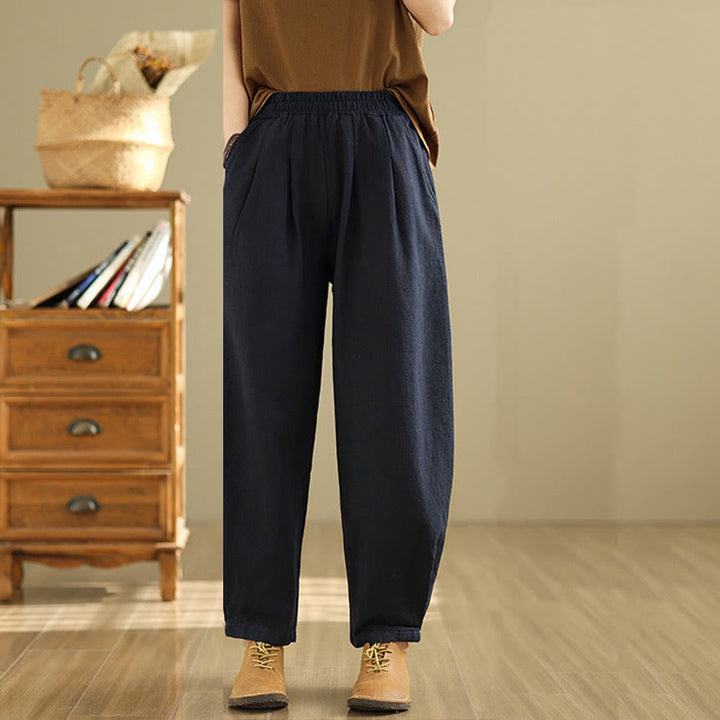 Pantalon décontracté en coton et lin pour femme avec poches et taille élastique fuselée de couleur unie Buddha Stones