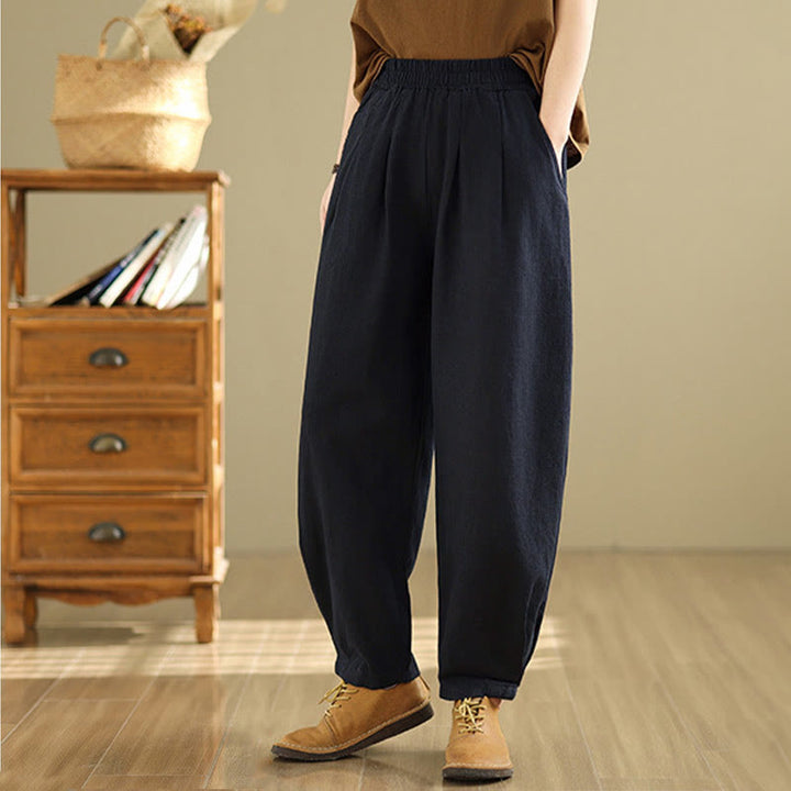 Pantalon décontracté en coton et lin pour femme avec poches et taille élastique fuselée de couleur unie Buddha Stones