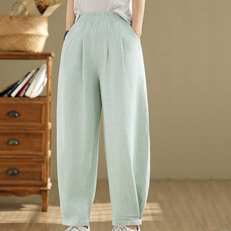 Pantalon décontracté en coton et lin pour femme avec poches et taille élastique fuselée de couleur unie Buddha Stones