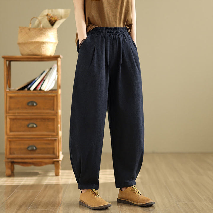 Pantalon décontracté en coton et lin pour femme avec poches et taille élastique fuselée de couleur unie Buddha Stones