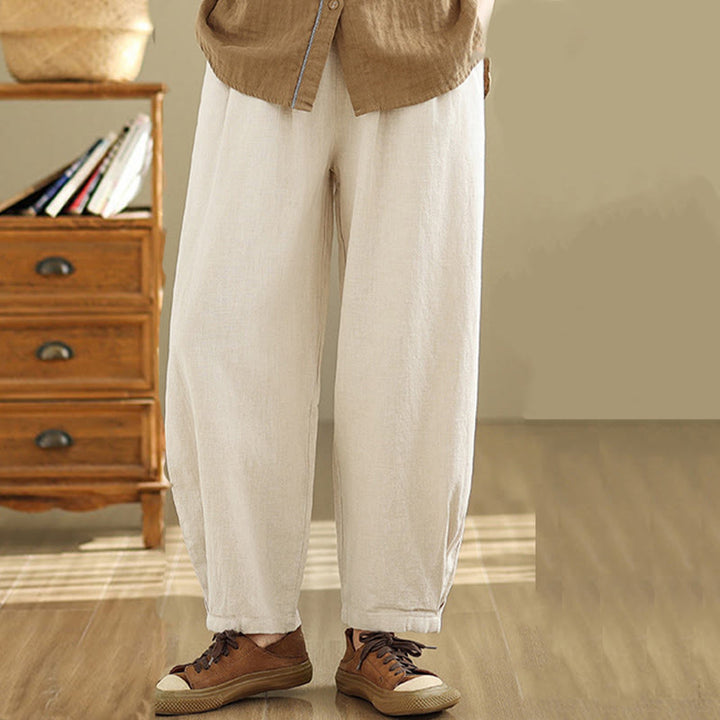 Pantalon décontracté en coton et lin pour femme avec poches et taille élastique fuselée de couleur unie Buddha Stones