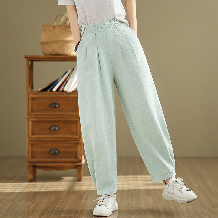 Pantalon décontracté en coton et lin pour femme avec poches et taille élastique fuselée de couleur unie Buddha Stones