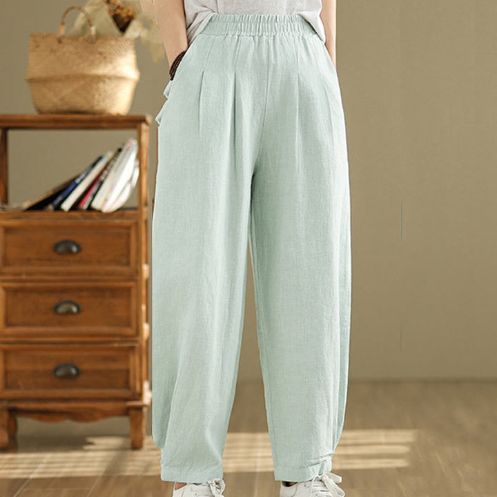 Pantalon décontracté en coton et lin pour femme avec poches et taille élastique fuselée de couleur unie Buddha Stones