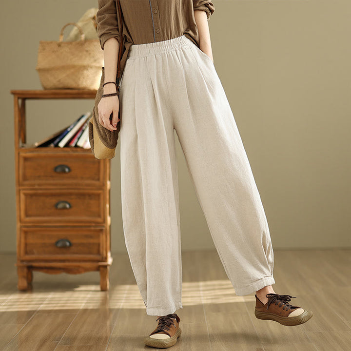 Pantalon décontracté en coton et lin pour femme avec poches et taille élastique fuselée de couleur unie Buddha Stones