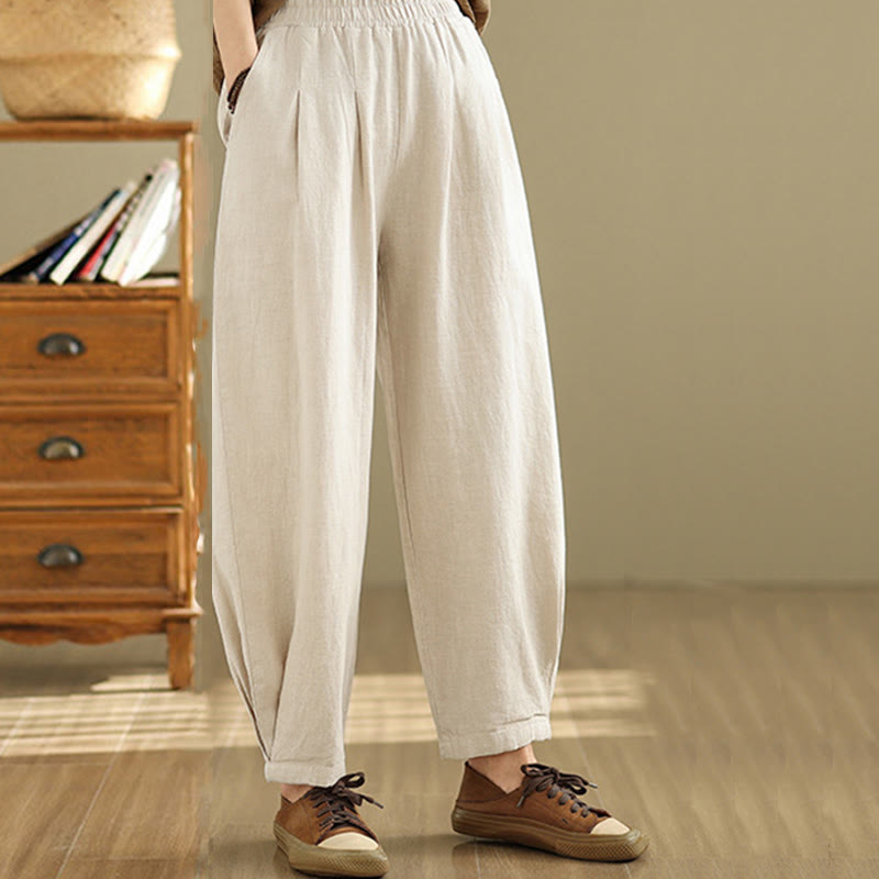Pantalon décontracté en coton et lin pour femme avec poches et taille élastique fuselée de couleur unie Buddha Stones