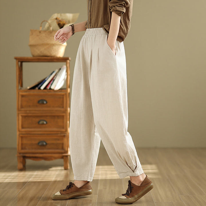 Pantalon décontracté en coton et lin pour femme avec poches et taille élastique fuselée de couleur unie Buddha Stones