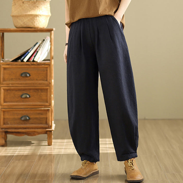 Pantalon décontracté en coton et lin pour femme avec poches et taille élastique fuselée de couleur unie Buddha Stones