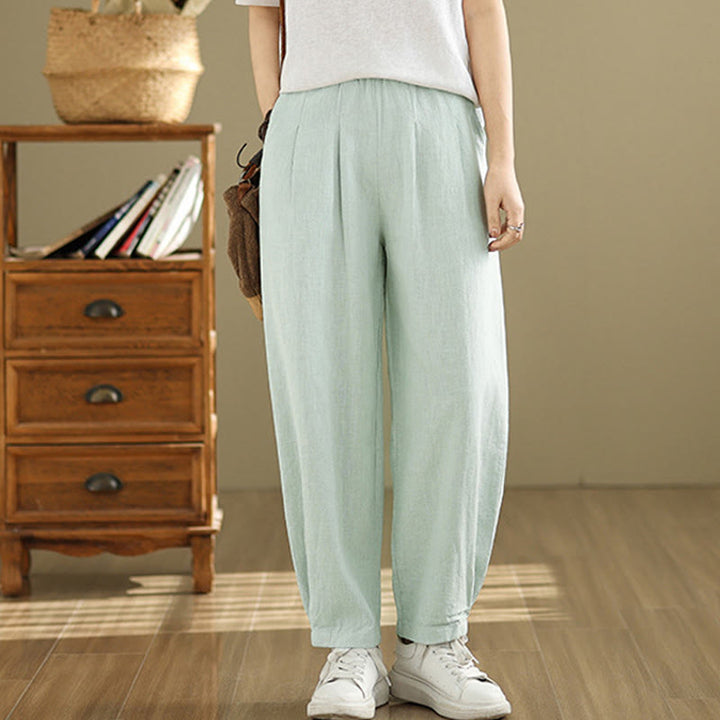 Pantalon décontracté en coton et lin pour femme avec poches et taille élastique fuselée de couleur unie Buddha Stones