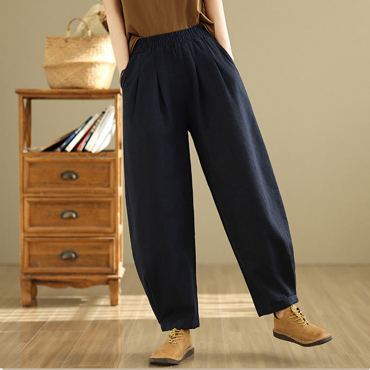 Pantalon décontracté en coton et lin pour femme avec poches et taille élastique fuselée de couleur unie Buddha Stones