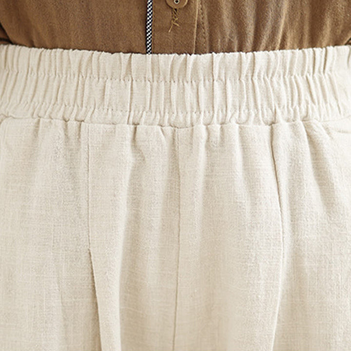 Pantalon décontracté en coton et lin pour femme avec poches et taille élastique fuselée de couleur unie Buddha Stones