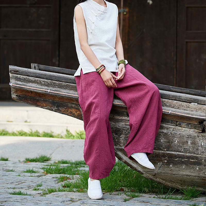 Pantalon décontracté uni en coton ramie avec ceinture élastique et doublure polaire pour femme avec poches Buddha Stones - image 18