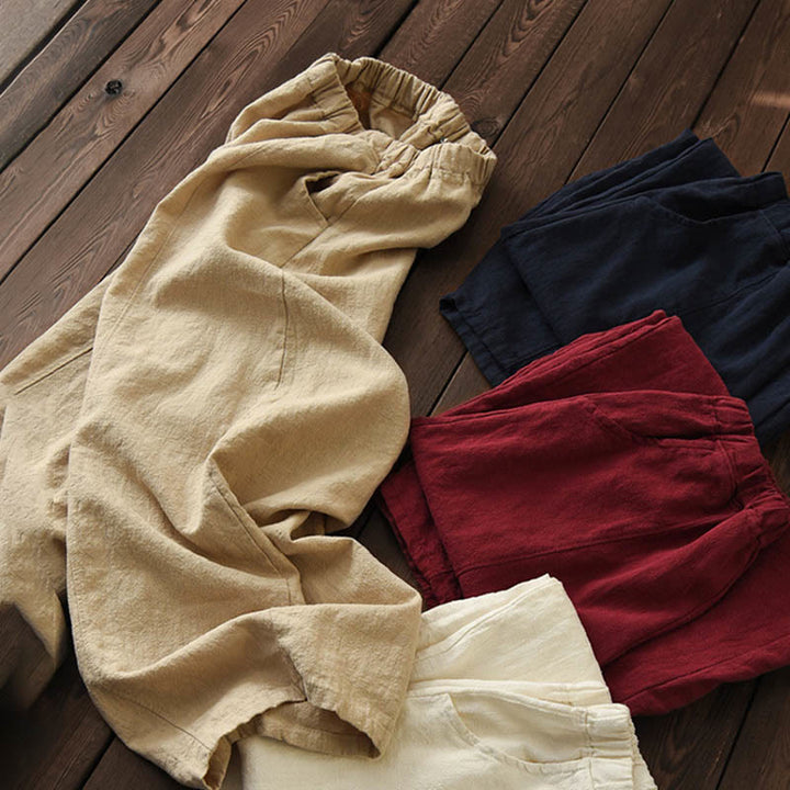Pantalon décontracté uni en coton ramie avec ceinture élastique et doublure polaire pour femme avec poches Buddha Stones - image 50