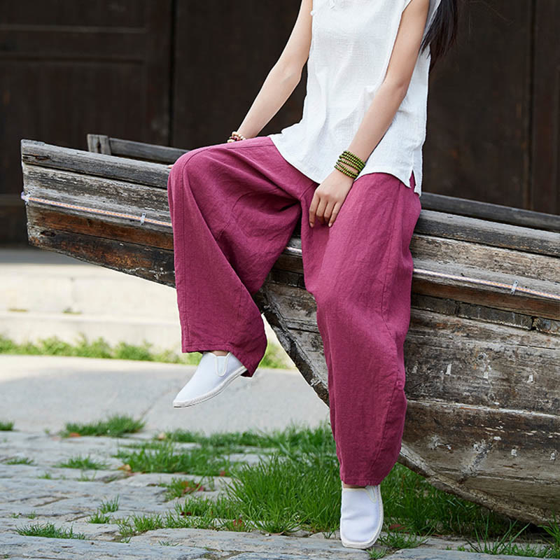 Pantalon décontracté uni en coton ramie avec ceinture élastique et doublure polaire pour femme avec poches Buddha Stones - image 18