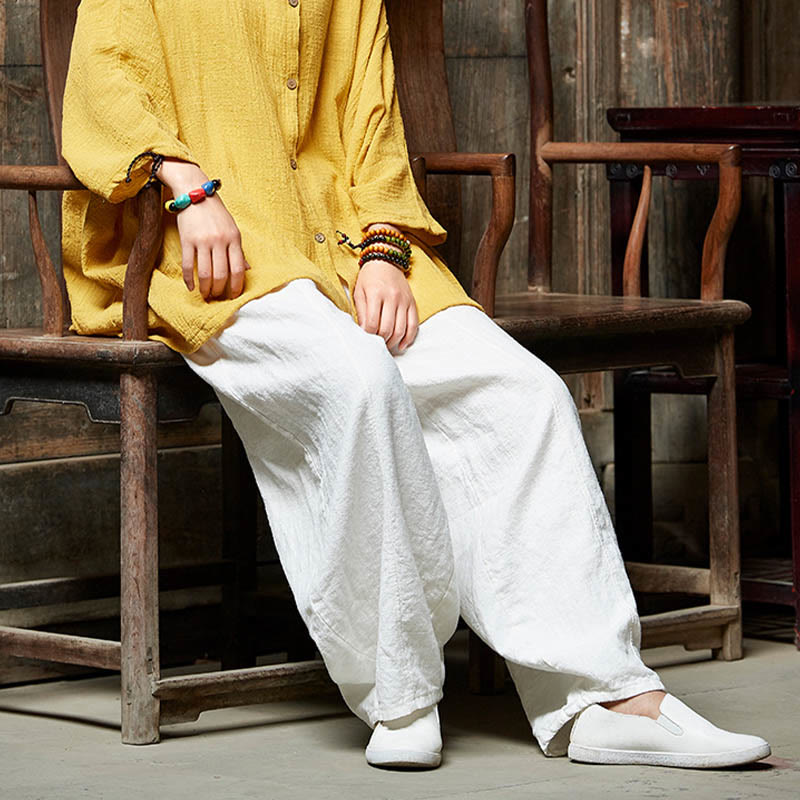 Pantalon décontracté uni en coton ramie avec ceinture élastique et doublure polaire pour femme avec poches Buddha Stones - image 25