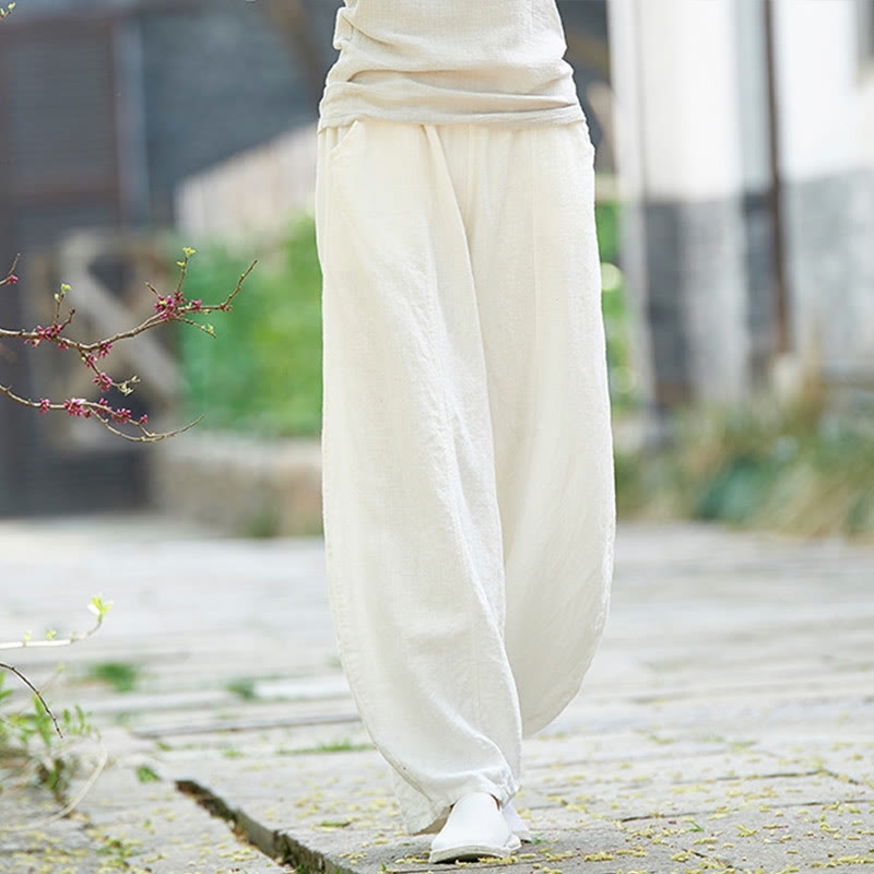 Pantalon décontracté uni en coton ramie avec ceinture élastique et doublure polaire pour femme avec poches Buddha Stones - Blanc - US4，UK/AU8，EU36 (L) - image 21