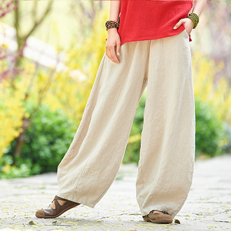 Pantalon décontracté uni en coton ramie avec ceinture élastique et doublure polaire pour femme avec poches Buddha Stones - image 3