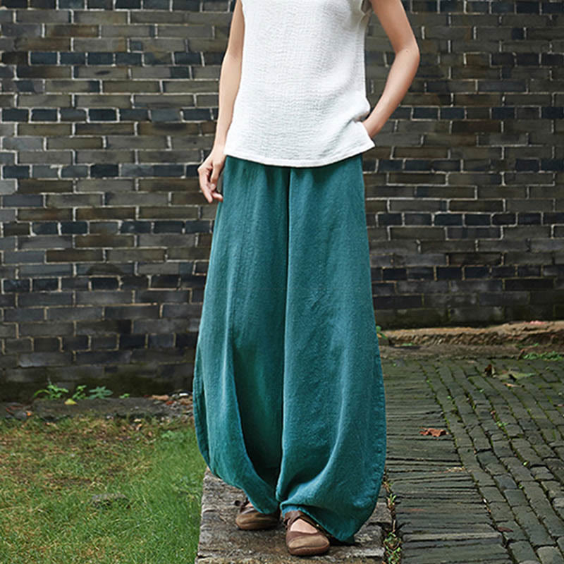 Pantalon décontracté uni en coton ramie avec ceinture élastique et doublure polaire pour femme avec poches Buddha Stones - image 45