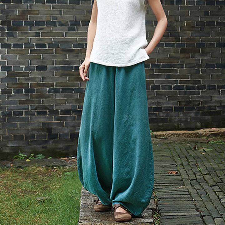 Pantalon décontracté uni en coton ramie avec ceinture élastique et doublure polaire pour femme avec poches Buddha Stones - image 46