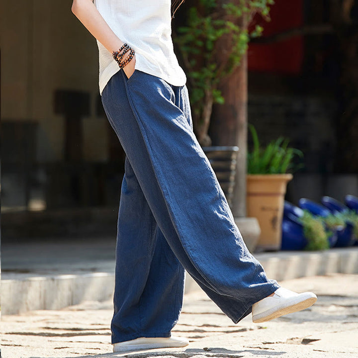 Pantalon décontracté uni en coton ramie avec ceinture élastique et doublure polaire pour femme avec poches Buddha Stones - image 33