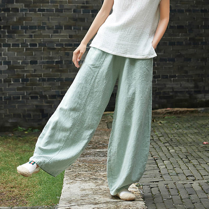 Pantalon décontracté uni en coton ramie avec ceinture élastique et doublure polaire pour femme avec poches Buddha Stones - image 39