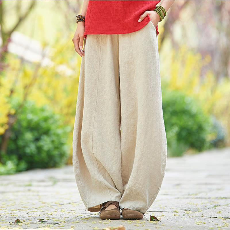 Pantalon décontracté uni en coton ramie avec ceinture élastique et doublure polaire pour femme avec poches Buddha Stones - Beige - US4，UK/AU8，EU36 (L) - image 0