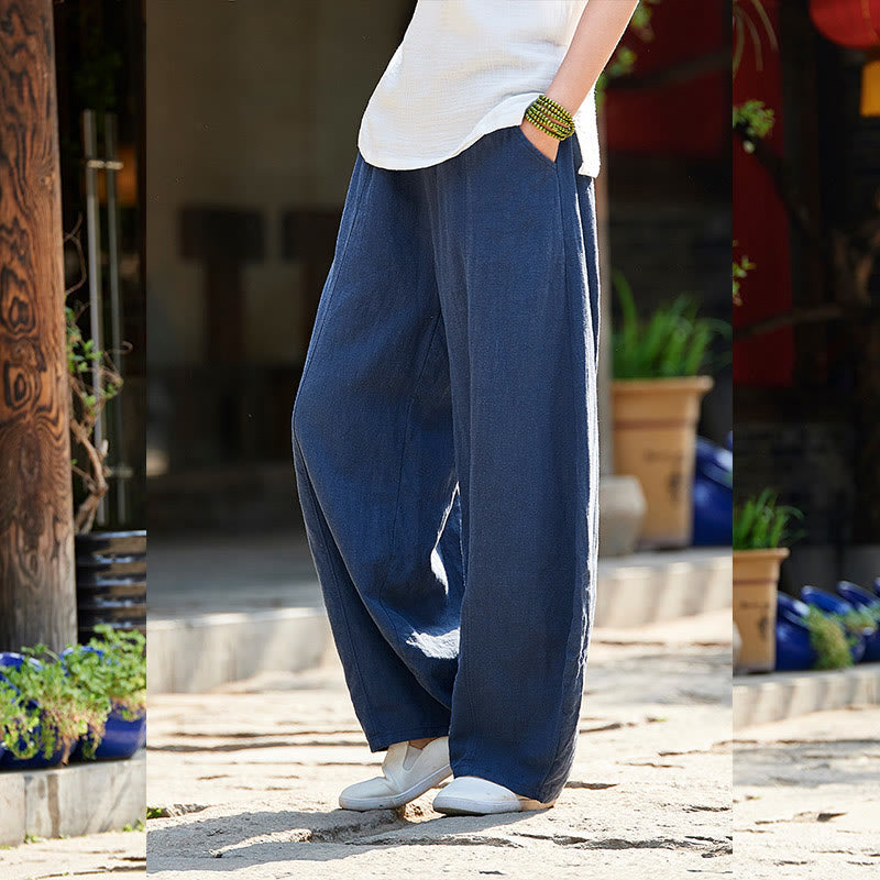 Pantalon décontracté uni en coton ramie avec ceinture élastique et doublure polaire pour femme avec poches Buddha Stones - image 32