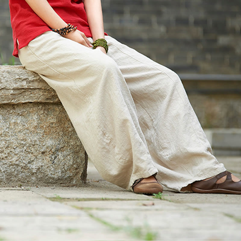 Pantalon décontracté uni en coton ramie avec ceinture élastique et doublure polaire pour femme avec poches Buddha Stones - image 4