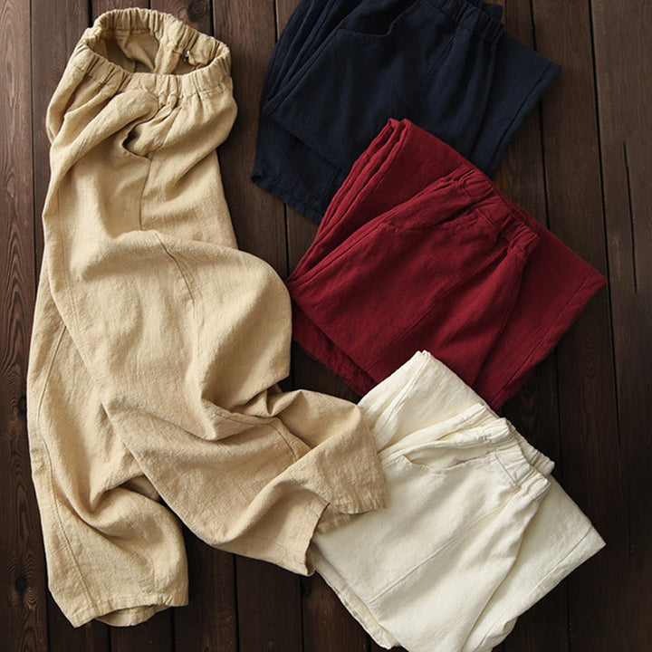 Pantalon décontracté uni en coton ramie avec ceinture élastique et doublure polaire pour femme avec poches Buddha Stones - image 1