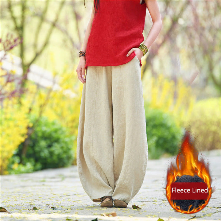 Pantalon décontracté uni en coton ramie avec ceinture élastique et doublure polaire pour femme avec poches Buddha Stones - Beige (doublé en polaire) - US4，UK/AU8，EU36 (L) - image 47