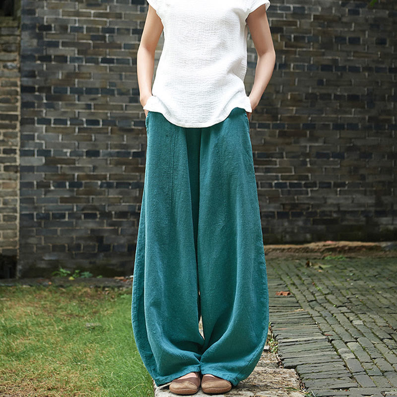 Pantalon décontracté uni en coton ramie avec ceinture élastique et doublure polaire pour femme avec poches Buddha Stones - image 44