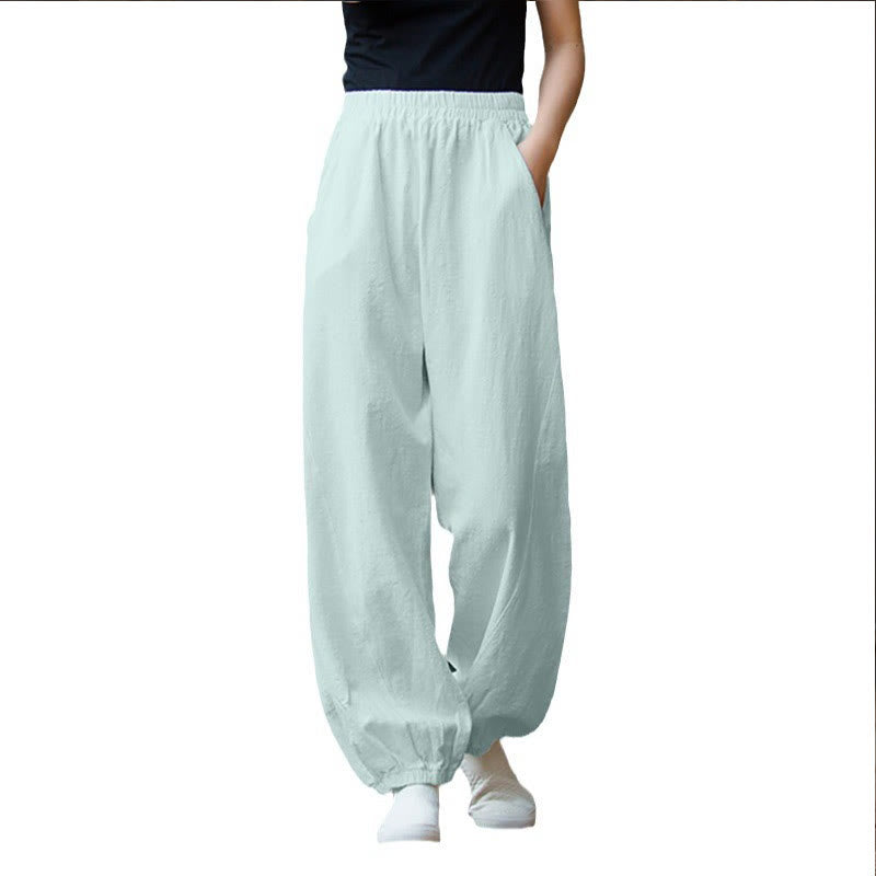 Pantalon décontracté uni en coton ramie avec poches pour femme, couleur unie, taille élastique, motif Buddha Stones - image 37