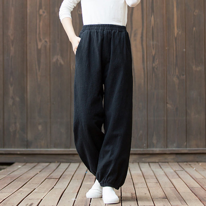 Pantalon décontracté uni en coton ramie avec poches pour femme, couleur unie, taille élastique, motif Buddha Stones - image 14